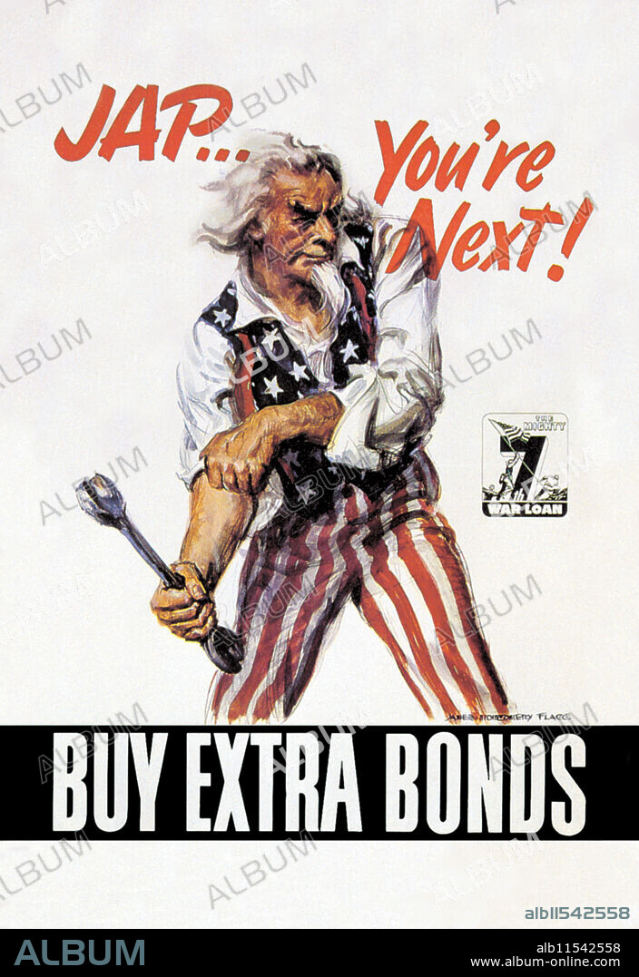JAMES M. FLAGG. James Montgomery Flagg (1877 – 1960) was an American artist and illustrator.  He is most famous for his war effort posters but he also work for magazines, did cartoons, and even paintings.  Classic art image of Uncle Sam rolling up his sleeves and holding large wrench ready to fight. Large text across bottom "Buy Extra Bonds". Poster includes Iwo Jima flag image on "The Mighty 7th War Loan" logo. Issued the day after VE Day. Poster is by noted illustrator James Montgomery Flagg and he used himself for the model of Uncle Sam.