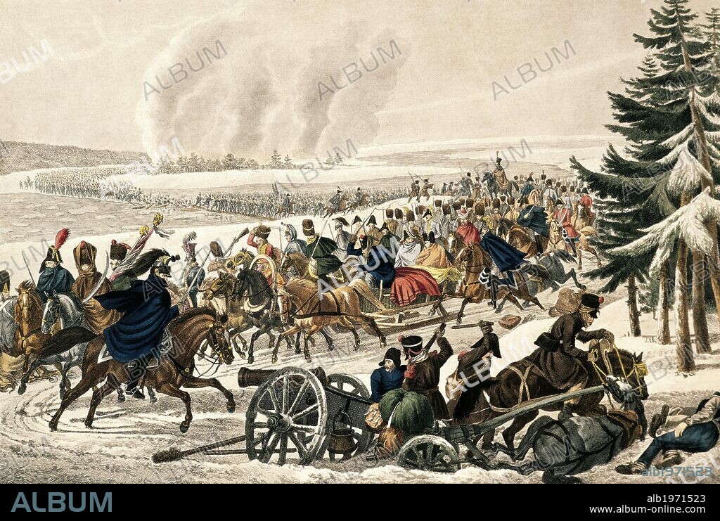 Retreat of the French army over the Beresina river, November 26, 1812, by Franz Edler von Habermann (born 1788), engraving by Johann Adam Klein (1792-1875). Napoleonic Wars, Belarus, 19th century.