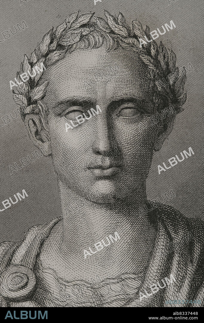 Gaius Julius Caesar (100 BC - 44 BC). Roman politician, general and writer. In 60 BC he established a triumvirate with Pompey and Crassus. Conquered Gaul. Head of the empire an dictator in perpetuity (Dictator Perpetuus). Portrait. Engraving. Detail. "Historia Universal", by César Cantú. Volume II, 1854.