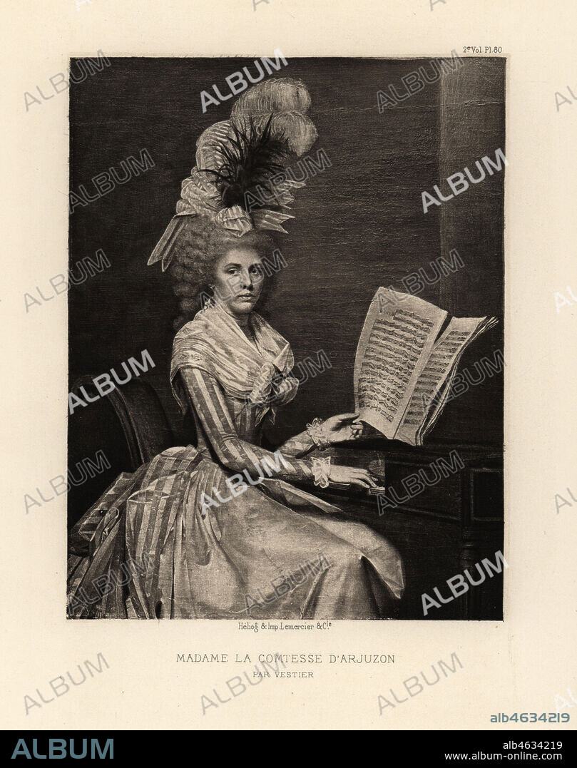 Portrait of Marie Agnes Francoise Pascale Hosten, Madame la Comtesse dArjuzon, playing piano with sheet music. Lithograph after Antoine Vestier from Fashions and Customs of Marie Antoinette and her Times, by Le Comte de Reiset, Paris, 1885. The journal of Madame Eloffe, dressmaker and linen-merchant to the Queen and ladies of the court.