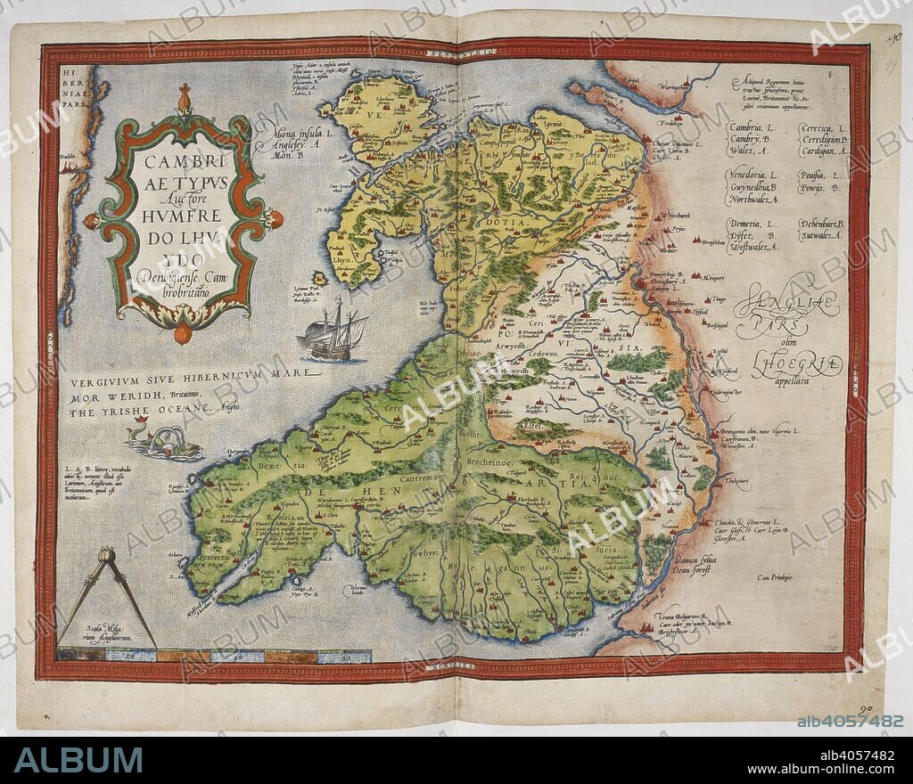 CHRISTOPHER SAXTON and HUMPHREY LLOYD. Coloured printed map of Wales and Anglesey. Lord Burghley's Atlas. London; 1579. Source: Royal 18 D. III, ff.98v-99. Language: English.