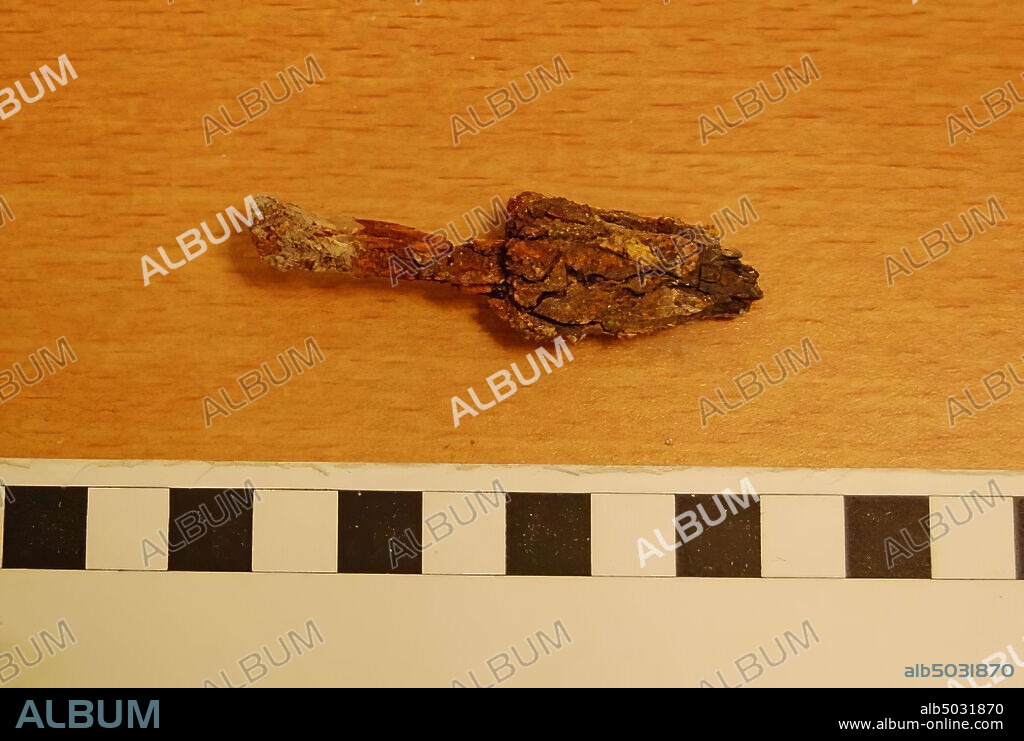 Fragment of an iron rod with a triangle, spearhead, corroded, broken into two fragments and glued, weapon, iron, L 6.25 cm, W 1.9 cm, thickness 1.5 cm, 1150-539 BC, Jordan.