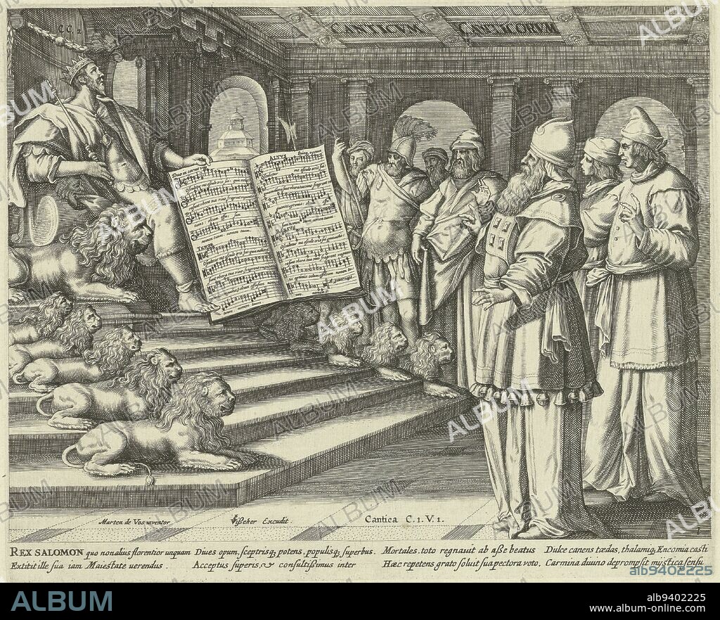 King Solomon sits on his throne, the six steps of which are flanked on either side by lions. He holds an open psalm book with musical notation 'Osculetor me...' by the Flemish composer Andreas P, Johann Sadeler (I), print maker: anonymous, Maerten de Vos, (mentioned on object), München, publisher: Amsterdam, 1590 and/or 1643, paper, engraving, h 212 mm × w 260 mm.