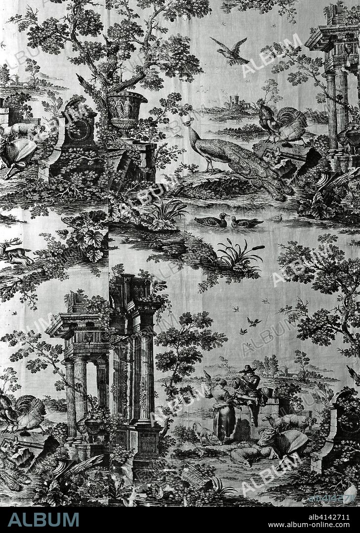 Panel (Furnishing Fabric). After etchings by Nicolaes Berchem (Dutch, 1620-1683) after an engraving by Josephus Sympson (English, 1710-1750)  after a painting by Marmaduke Craduck (English, 1660-1717) after a drawing by Francis Barlow (English, 1626-1702); Manufactured by Robert Jones and Company; England, Old Ford, Middlesex. Date: 1761. Dimensions: 210.9 x 133.9 cm (83 1/8 x 52 3/4 in.)
Warp repeat: 204.1 cm (80 3/8 in.). Linen and cotton, plain weave; copperplate printed. Origin: Middlesex.