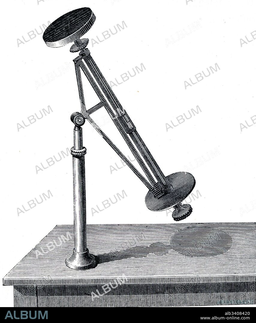 Engraving depicting Pouillet's Pyrheliometer, used to measure the amount of solar heat reaching the earth's surface. Claude Pouillet (1790-1868) a French physicist and a professor of physics at the Sorbonne and member of the French Academy of Sciences. Dated 19th Century.