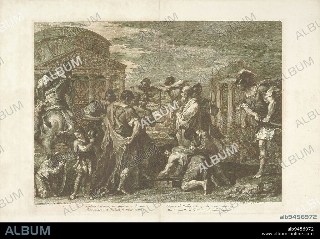 Furius Camillus liberates Rome besieged by Brennus, Furius Camillus liberates Rome besieged by Gallic leader Brennus. Camillus and his army approaching from the right. In the foreground a group of men. In the background classical buildings. Italian verse in two columns in lower margin., print maker: Francesco Bartolozzi, (mentioned on object), after painting by: Sebastiano Ricci, (mentioned on object), Anton Maria II Zanetti, (mentioned on object), Italy, 1738 - 1815, paper, etching, height 440 mm × width 560 mm.