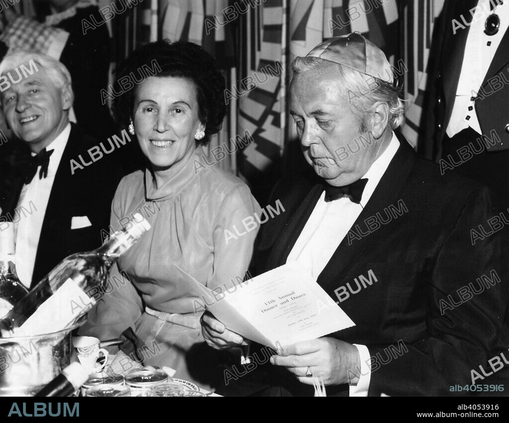 Harold Wilson (1916-1995), Former British Prime minister, 1973. Sull-capped Harold Wilson studies the menu at the JFS Comprehensive School 14th Annual Dinner and Dance.