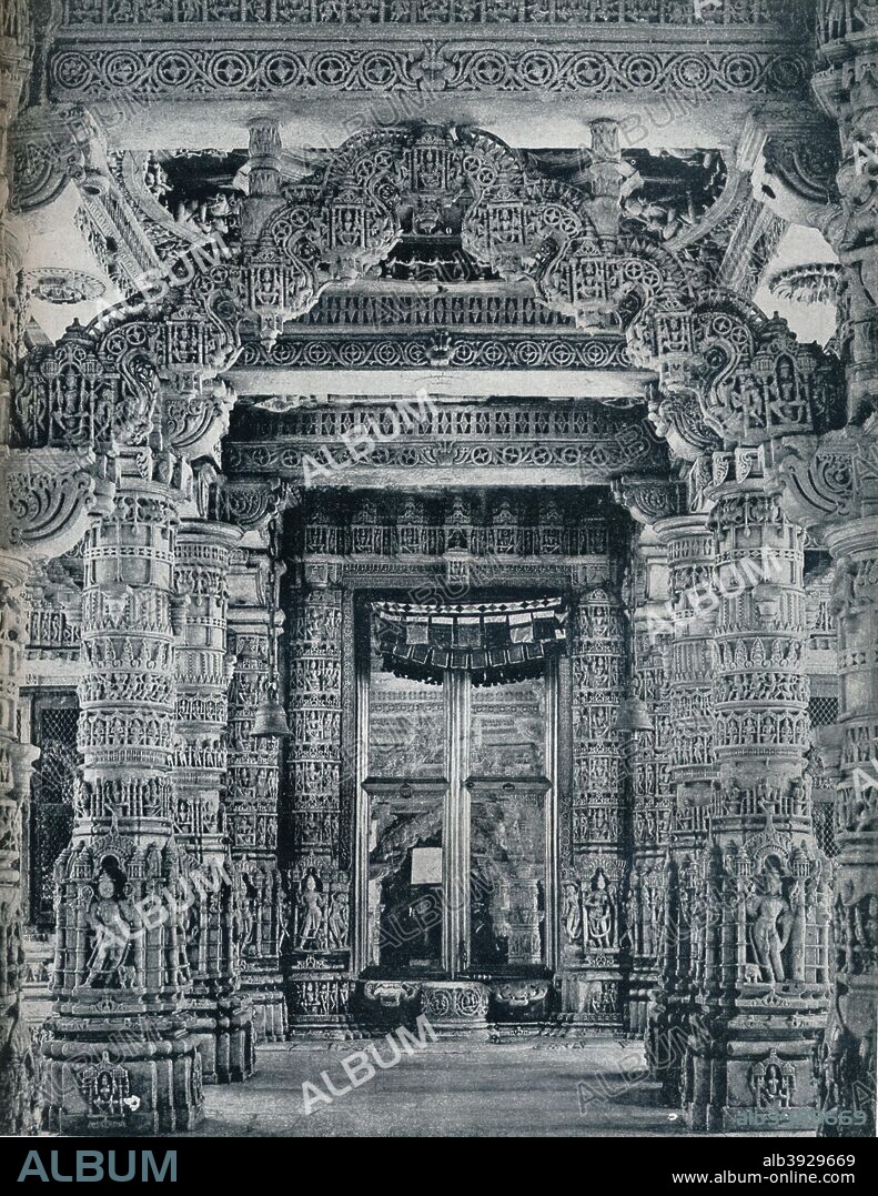 'Marble Sculpture at an entrance to a Jain Temple at Dilwara, Mount Abu', c1941. The Dilwara temples, Rajasthan a collection of 5 Jain temples built by Vastupal-Tejpal, a Jain laymen between the 11th and 13th centuries AD and are known for the vast amount of carved marble. From The Studio Volume 124. [The Studio Ltd, London & New York, 1942].
