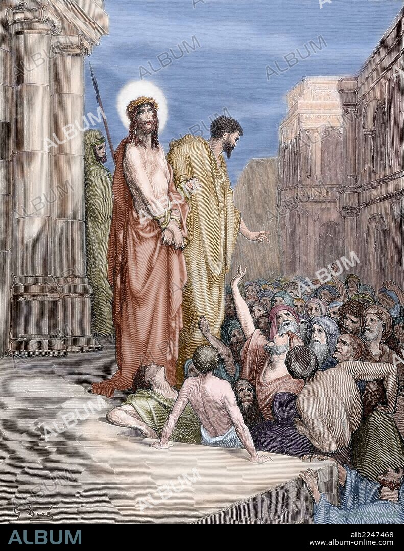 PAUL JONNARD. NUEVO TESTAMENTO. JESUS. "JESUS PRESENTADO AL PUEBLO". Dibujo de G. Doré. Grabado de Jonnard. San Juan. Capitulo XIX. Versículos 12 al 15. Coloreado.