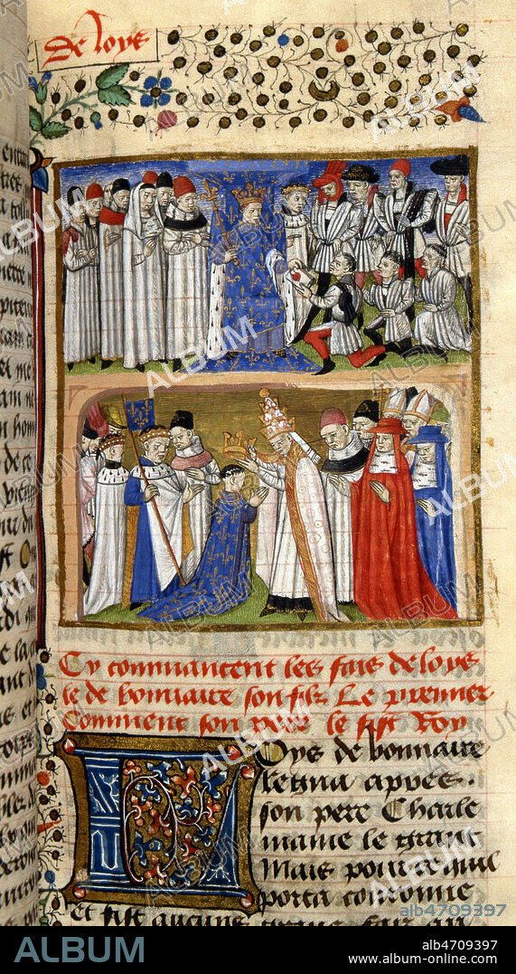 En haut CHARLEMAGNE (742-814) envoie des messagers dans les provinces, les missi dominici. En bas : Charlemagne couronne Empereur par le pape LEON III (750-816), en 800. Enluminure tiree des Grandes chroniques de France, vers 1450. Manuscrit medieval conserve a la bibliotheque municipale de Chateauroux. Ms 5 f°133. Credit : Collection JEAN VIGNE / KHARBINE-TAPABOR.