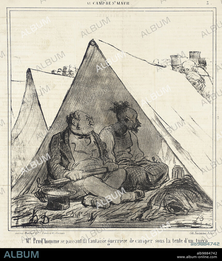 HONORé DAUMIER. M. Prud'homme se passant la fantaisie guerrière de camper sous la tente d'un turco..., 1859. Monsieur Prudhomme indulges in the warlike fantasy of camping in a Turk's tent. Prudhomme was a character invented by Henri Monnier to symbolise bourgeois complacency and self-satisfaction. From Au Camp de Saint-Maur.