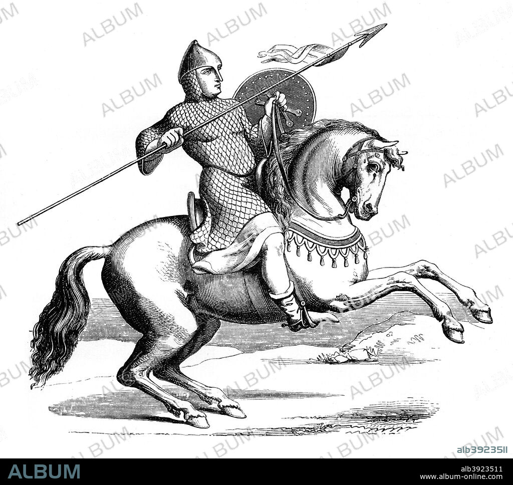 Knight in his hauberk, (1870), A hauberk is a shirt of mail armour. A wood engraving from The Arts of the Middle Ages and at the Period of the Renaissance, by Paul Lacroix, (London, 1870).