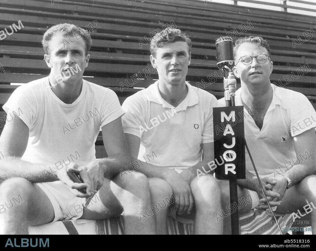 L - R - Ken McGregor, Frank Sedgman, Colin Long. They Should Know: Last year's winning Davis Cup pair, together with Colin Long, are expected to give a vivid ball-to-ball description when they cover the Davis Cup finals from Kooyong Courts, over 2UE and Major Network, commencing Monday, 27th December. December 30, 1953.