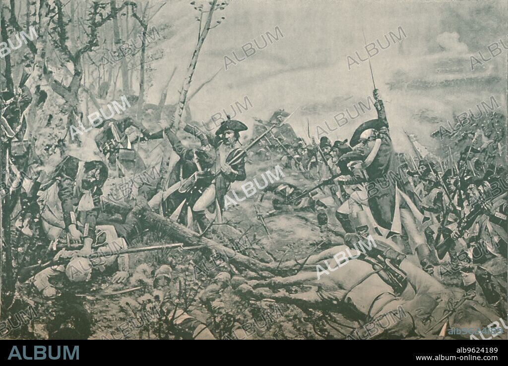 'The Battle of Jemmapes, Near Mons, Belgium, November 6, 1792', (1896). 'The crowning incident of the battle was the taking of a redoubt by Dampiere, who led parts of broken batallions that charged singing the Marseillaise'. Engraving after the painting by Jean Paul Sinibaldi. From Life of Napoleon Bonaparte, Volume I, by William Milligan Sloane. [The Century Co., New York, 1896].