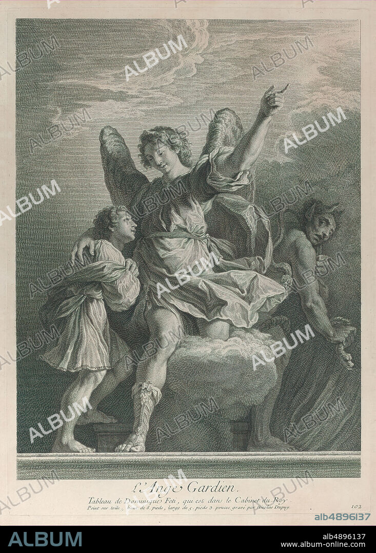 Nicolas Gabriel Dupuis, The Guardian Angel, stepping off a cloud and putting his arm around a young boy at left while a demon walks away at right, Nicolas Gabriel Dupuis (French, Paris 16981771 Paris), After Domenico Fetti (Italian, Rome (?) 1591/921623 Venice), 172940, Etching and engraving, Plate: 17 1/4 × 12 3/8 in. (43.8 × 31.5 cm), Sheet: 20 7/8 × 15 3/16 in. (53.1 × 38.6 cm), Prints.
