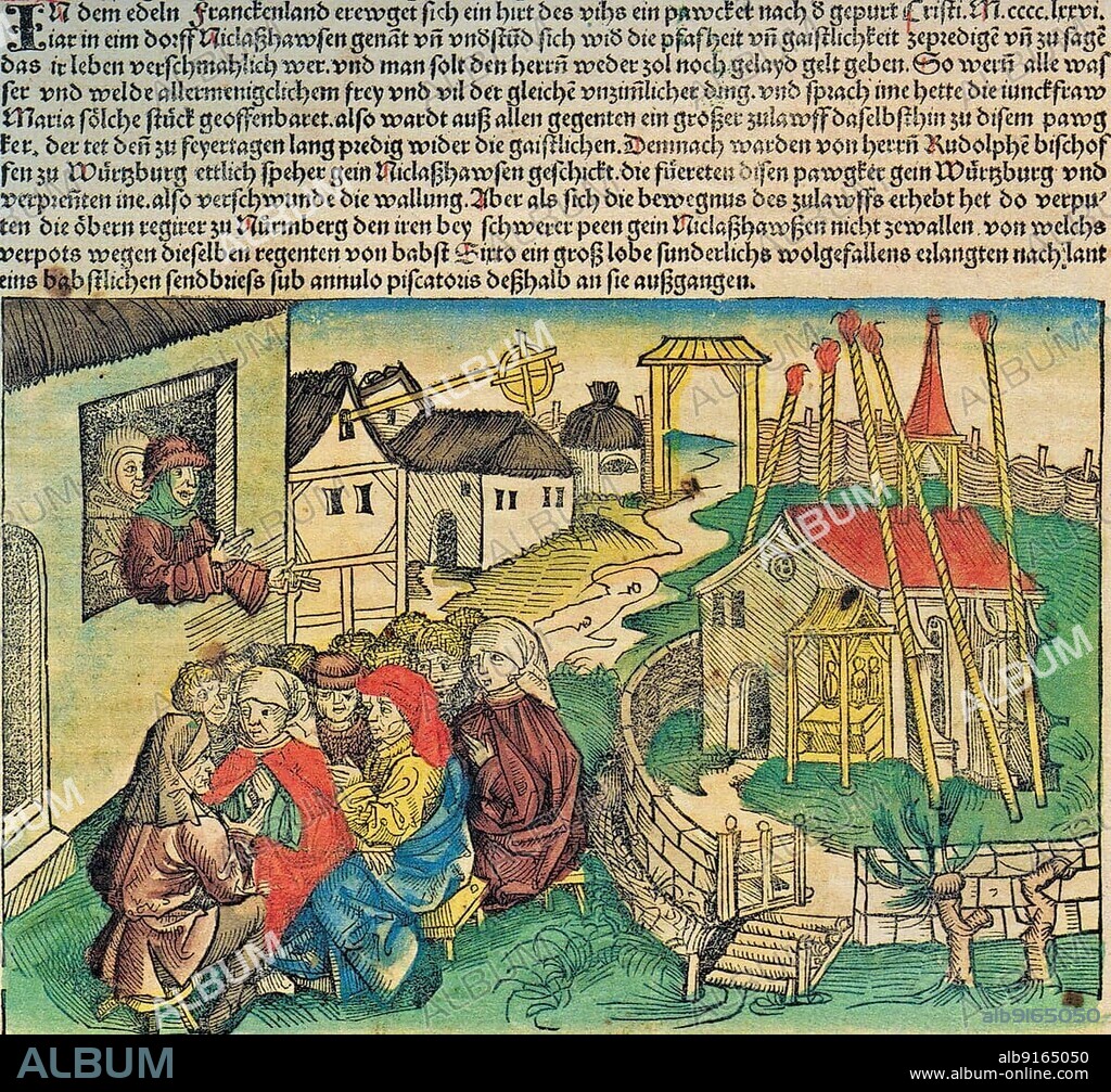 Hans Böhm or Hans Behem, Pauker von Niklashausen (born around 1458) (died 19 July 1476), Pfeiferhannes, Pfeiferhänslein, was a cattle herder, musician, preacher and initiator of the Niklashausen pilgrimage of 1476. Account of the Pauker von Niklashausen in the Schedelsche Weltchronik of 1493, Historical, digitally restored reproduction of an original from the 19th century, exact original date unknown.