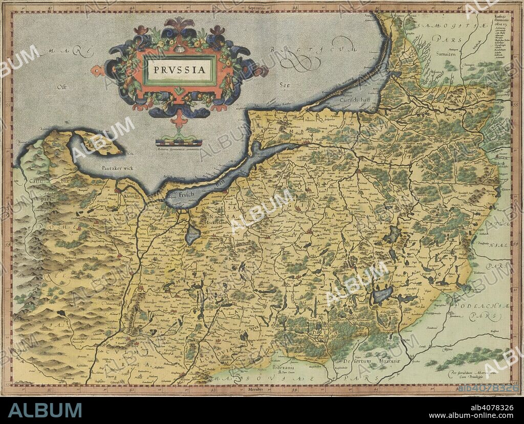 Prussia. Atlas sive cosmographicae Meditationes de fabrica. Dusseldorf : Albertus Busius, 1595. Map of Prussia.  Image taken from Atlas sive cosmographicae Meditationes de fabrica Mundi et fabricati figura. Gerardo Mercatore Cosmographo autore. [Edited by Rumold Mercator. With a portrait of G. Mercator].  Originally published/produced in Dusseldorf : Albertus Busius, 1595. . Source: Maps.C.3.c.3, 24.
