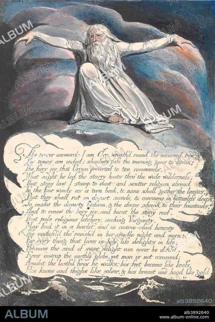 WILLIAM BLAKE. America. A Prophecy, Plate 10, "The Terror Answered....". Date/Period: 1793. Print. Green print, pen, black ink and watercolor on cream-colored paper (Color-printed relief etching in green-black with pen and black ink and watercolor on moderately thick, slightly textured, cream wove paper). Height: 238 mm (9.37 in); Width: 168 mm (6.61 in).