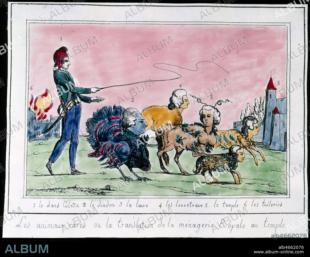 Arrestation de Louis XVI : ' Les animaux rares ou la translation de la menagerie royale au temple.' Sans-culotte fouettant la famille royale avec Louis XVI en dindon, Marie-Antoinette et ses enfants en louve et louveteaux. Gravure anonyme du 18eme siecle, mise en couleur par nos soins. Credit : Collection KHARBINE-TAPABOR.