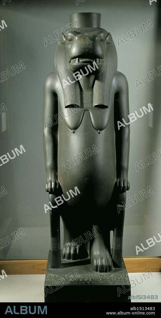 Egyptian civilization, Late Period, Dynasty XXVI. Schist statue of the goddess Tueris, from the chapel of Osiris Nebdjet at Karnak. H. 96 cm.