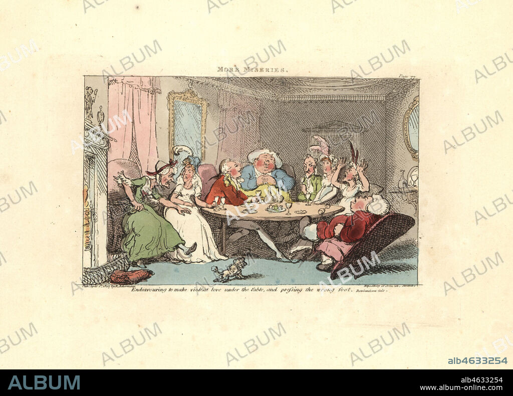 Gentleman trying to play footsie with a beauty under the dining table but pressing the wrong foot. More Miseries. Handcoloured copperplate engraving designed and etched by Thomas Rowlandson to accompany Reverend James Beresfords Miseries of Human Life, Ackermann, 1808.