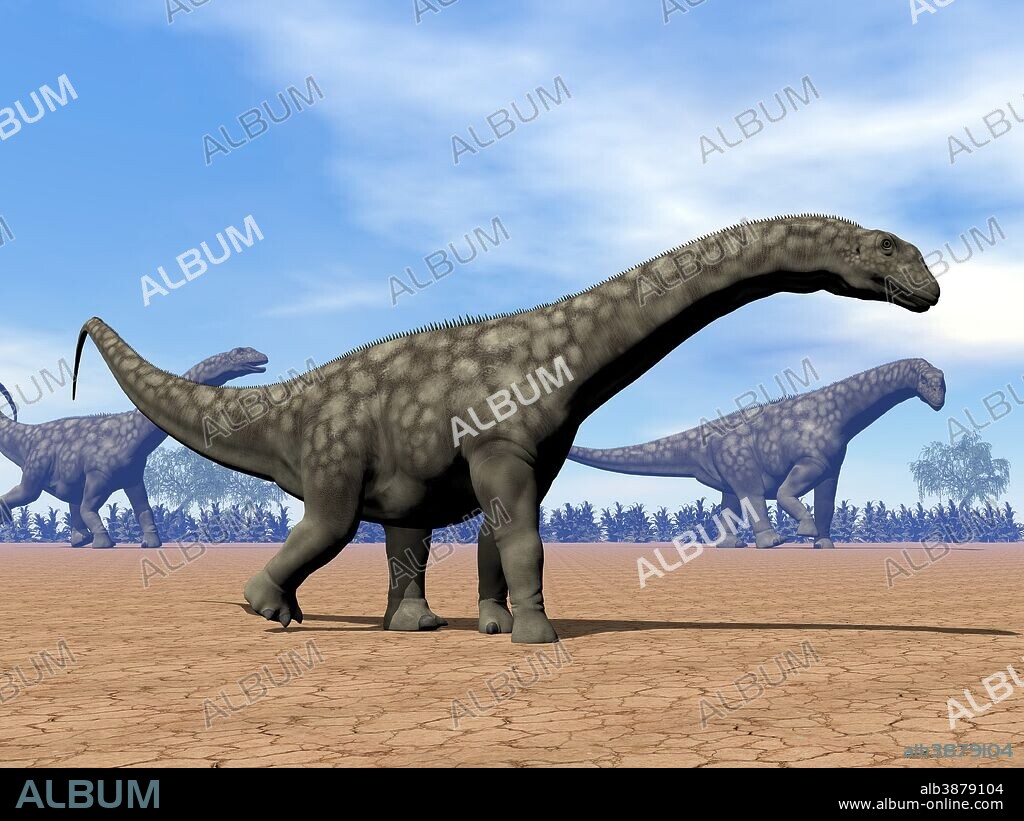 Three Argentinosaurus dinosaurs walking in the desert by day.