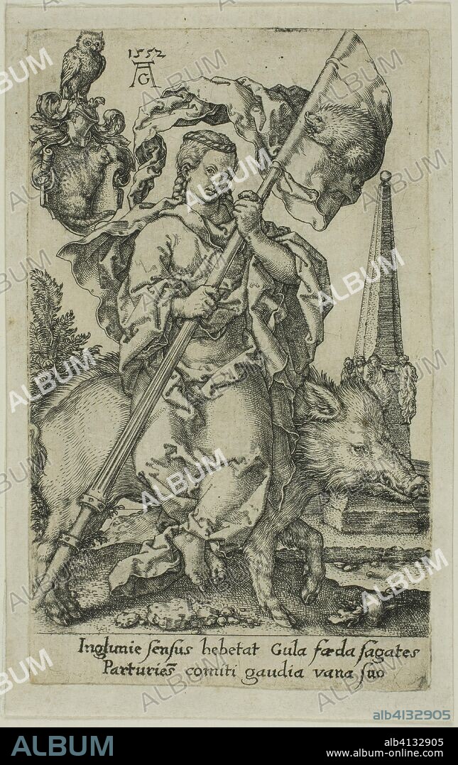 Gluttony, from the Vices. Heinrich Aldegrever; German, 1502-c.1560. Date: 1552. Dimensions: 103 x 62 mm (image/plate). Engraving in black on ivory laid paper. Origin: Germany.