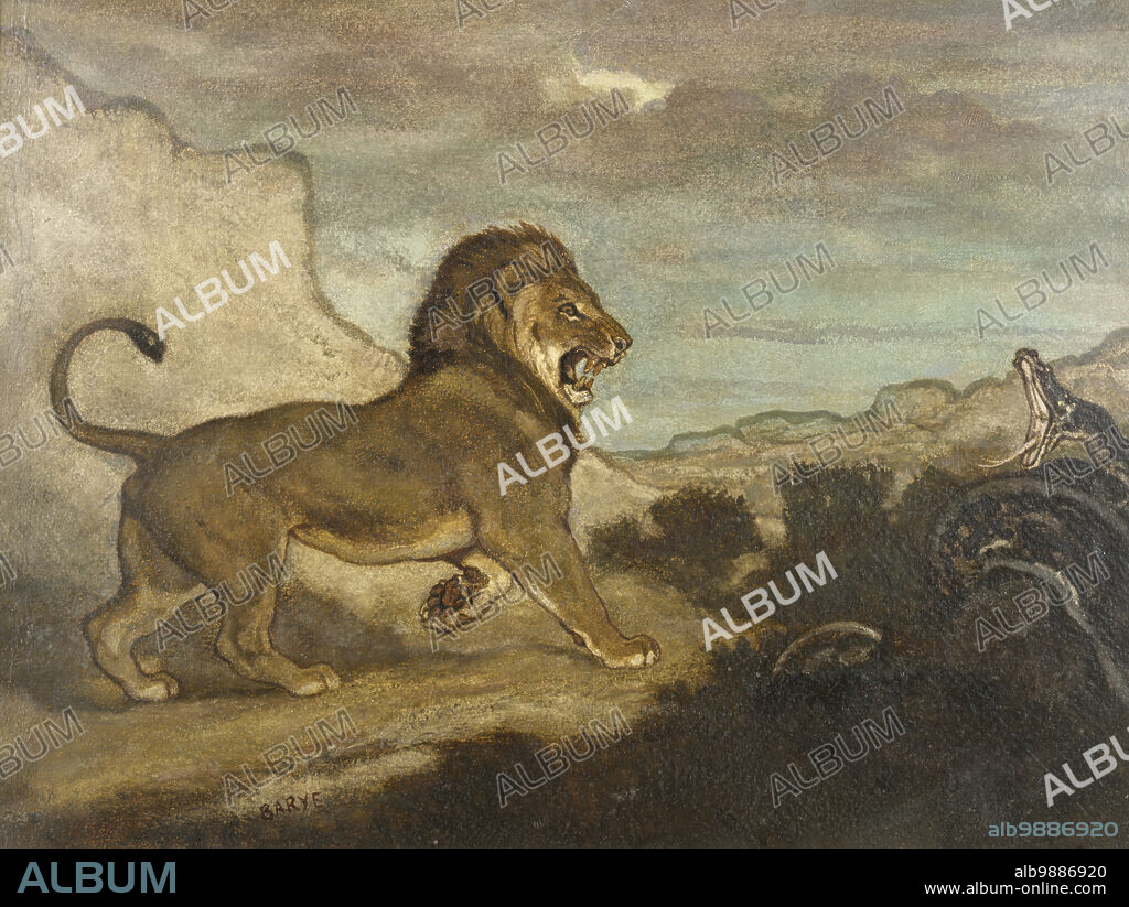 ANTOINE-LOUIS BARYE. Lion and Python, c1863. In a desolate landscape, a lion dramatically confronts a snake.
