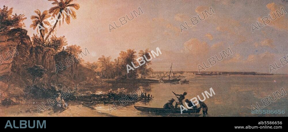 Maracaibo-See (Venezuela). "Maracaibo". (Maracaibo-See mit Stadt Maracaibo). Gemälde von Ferdinand Bellermann (1814-1889). Aus einer Serie von Reisebildern von der venezolanischen Expedition 1842/45. Öl auf Leinwand, 17,4 × 40,7 cm.
