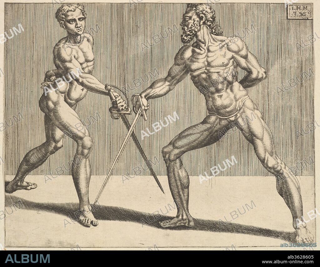 Two Fencers, from Fencers, plate 5. Artist: Dirk Volckertsz Coornhert (Netherlandish, Amsterdam 1519/22-1590 Gouda); After Maarten van Heemskerck (Netherlandish, Heemskerck 1498-1574 Haarlem). Dimensions: Sheet: 7 11/16 x 9 13/16 in. (19.5 x 24.9 cm). Series/Portfolio: Fencers. Date: 1552.