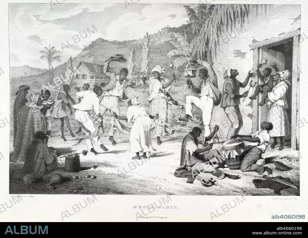RICHARD BRIDGENS. Negro Dance. West India Scenery, with illustrations of negro ch. R. Jennings & Co.: London, [1836?]. A group of Negroes dancing, one beating a drum. Another plays an instrument called a shak-shak. Image taken from West India Scenery, with illustrations of negro character, the process of making sugar, &c., from sketches taken during a voyage to, and residence of seven years in, the island of Trinidad. [Plates, with accompanying text.]. Source: 789.g.13, plate 23. Language: English.