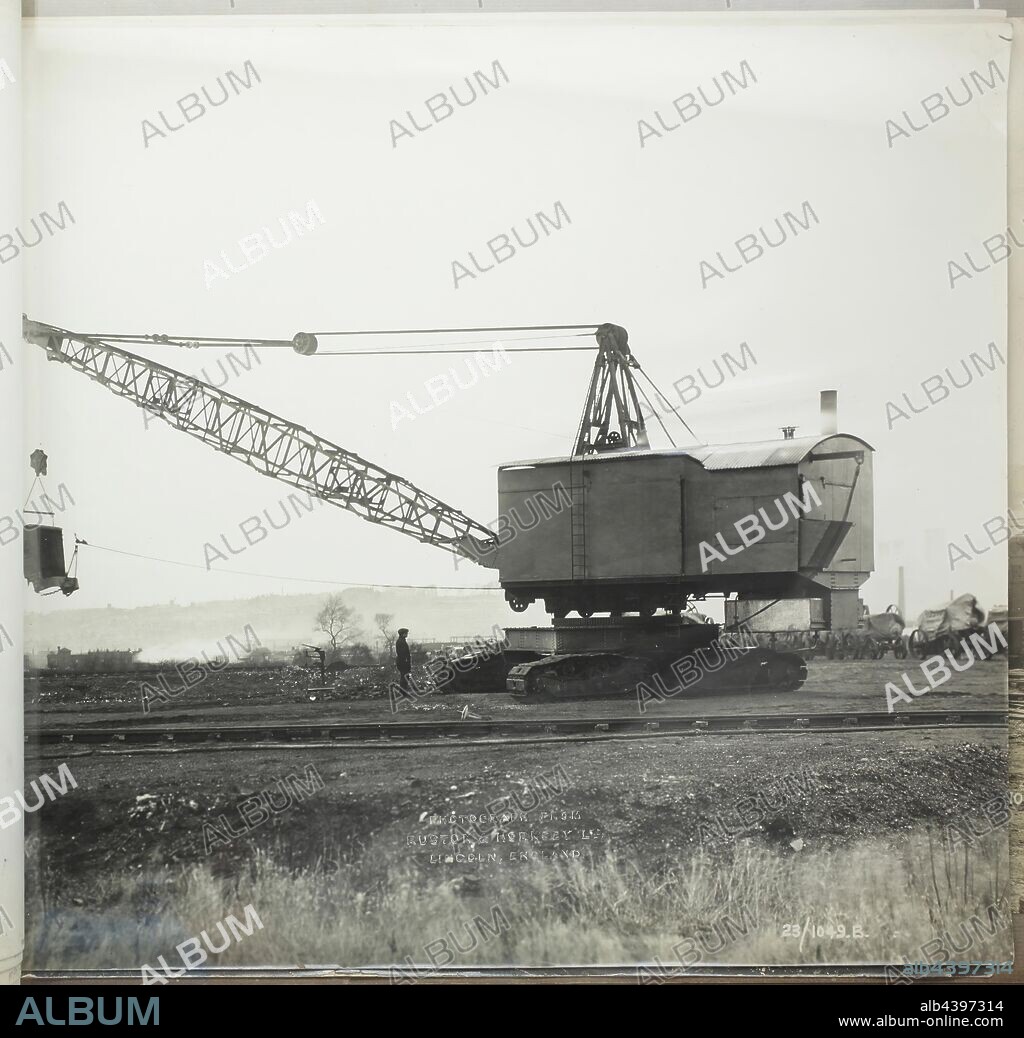 Photograph - Ruston & Hornsby, Crawler-Mounted 'Dragline Excavator', Lincoln, England, 1923, One of 37 monochrome photographs contained in an album depicting steam-operated, crawler-mounted and rail-mounted mechanical shovels and excavators under test outside the Ruston & Hornsby works at Lincoln and working at a variety of locations throughout the United Kingdom. Part of a collection of photographs, motion picture films, product catalogues, company journals, customer registers.