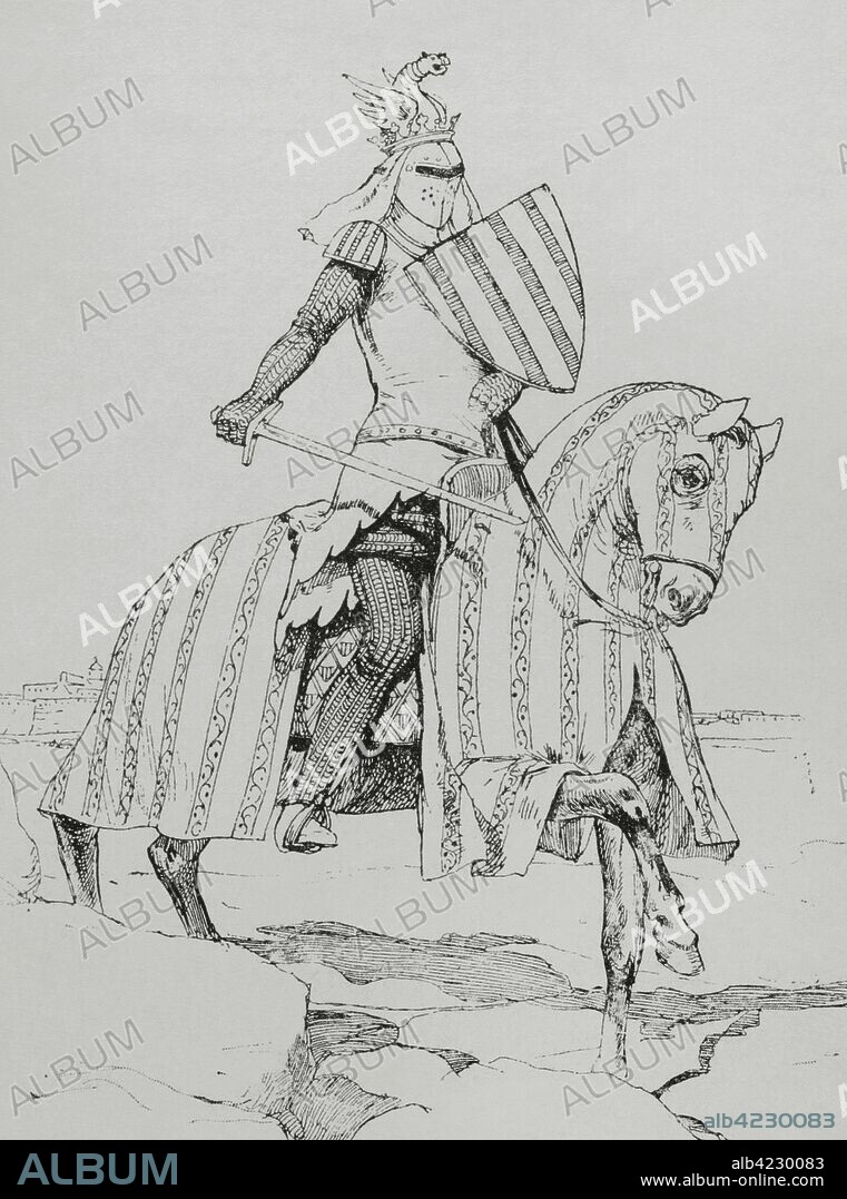 Pedro IV de Aragón, llamado el Ceremonioso (1319-1387). Rey de Aragón, Valencia, Mallorca, Conde de Barcelona y Duque de Atenas y Neopatria. Grabado. "Museo Militar del Ejército Español", Tomo I. Evaristo Ullastres Editor. Barcelona, 1883. Biblioteca Histórico Militar de Barcelona, Cataluña, España.