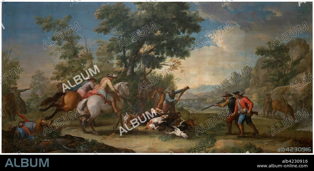 GINES ANDRÉS DE AGUIRRE. Ginés Andrés de Aguirre / 'Cacería del jabalí'. Siglo XVIII. Óleo sobre lienzo, 285 x 570 cm.