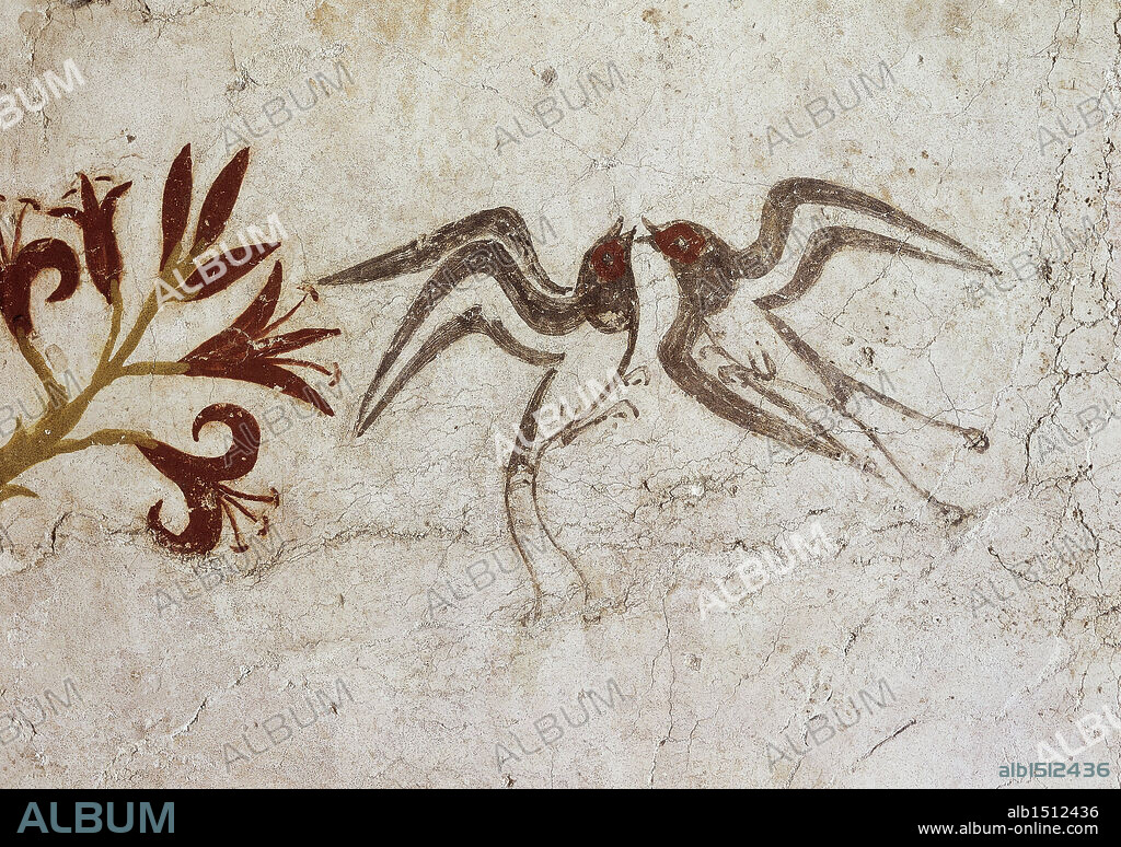 Greek civilization, 16th century b.C. Fresco depicting Spring. From Akrotiri, Thera, Santorini, Greece. Detail: swallows.