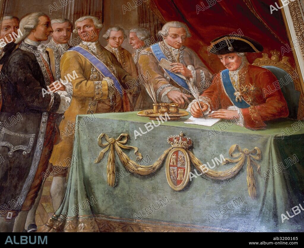 CARLOS III (Madrid,1716-Madrid,1788). Rey de España desde 1759. "ATENDIENDO CARLOS III LA VENTAJOSA SITUACION DE LAS ISLAS FILIPINAS PARA EL TRAFICO DE ASIA ESTABLECE BAXO SU REAL PROTECCION Y DE LOS REYES SUS SUCESORES, LA REAL COMPAÑIA DE COMERCIO CON EL NOMBRE DE FILIPINAS, CONCEDIENDOLA AMPLIAS FACULTADES Y FRANQUICIAS". Pintura obra de Pere Pau MUNTANYA (1749-1803). Delegación del Gobierno en Cataluña. Barcelona.