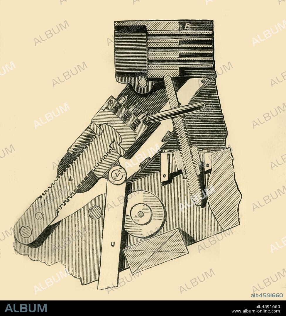 'French Mitrailleuse - Section of the Breech (with the Block or Closer Drawn Down)', c1872. Diagram of part of a machine gun used by the French army during the Franco-Prussian War of 1870-1871. The mitrailleuse was a type of volley gun that could fire rounds at once or in rapid succession. From "The Franco-Prussian War: its causes, incidents and consequences", Volume I, by Captain H M Hozier. [William Mackenzie, London, 1872].