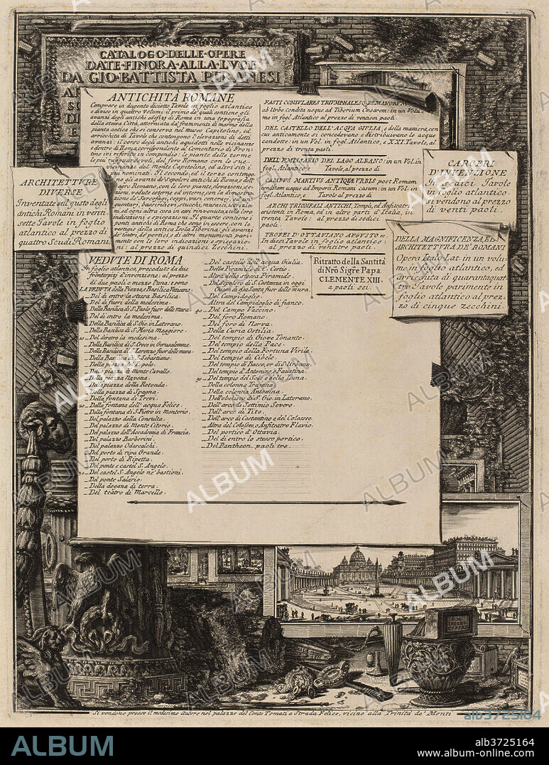 GIOVANNI BATTISTA PIRANESI AND FRANCESCO PIRANESI (AUTHORS). Catalogo delle Opere Date Finora Alla Lvce Da Gio Battista Piranesi. Dimensions: plate: 40 x 29.6 cm (15 3/4 x 11 5/8 in.)  sheet: 53.4 x 42.3 cm (21 x 16 5/8 in.). Medium: etching and engraving on laid paper.