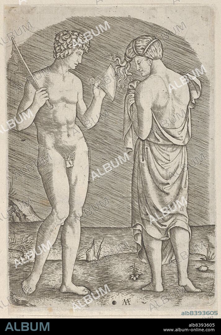 MARCANTONIO RAIMONDI. A naked man at left showing an axe to a woman at right, ca. 1510-27.