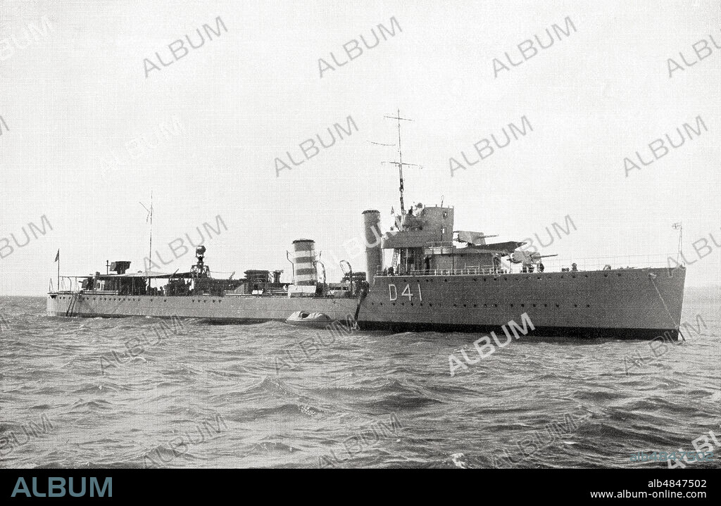 EDITORIAL  HMS Walpole (D41) a W-class destroyer of the British Royal Navy.  The white bands on the second funnel were part of a code by which the name of the ship was recognized from a distance.  From The Book of Ships, published c.1920.