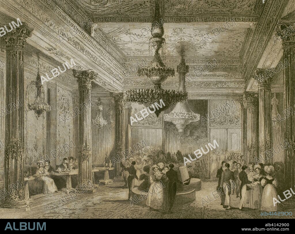 Reino Unido. Inglaterra. Londres. Salón de Espejos del Colosseum, este del Regent's Park. El interior del Coliseo construido por Decimus Burton en 1823-1827. Grabado por Thomas Turnbull (fl. 1827-1843) a partir de un estudio original realizado por el pintor paisajista Charles Marshall. "London and its Environs", h. 1840 (Londres y sus Alrededores). Biblioteca Histórico Militar de Barcelona, Cataluña, España.