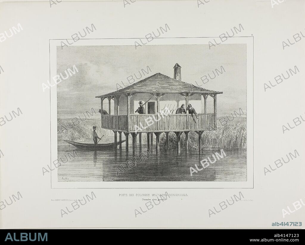 Hungarian Military Colony Post, Left Bank of the Danube River. Denis Auguste Marie Raffet (French, 1804-1860); printed by Auguste Bry (French, 19th century); published by Éditeur Ernest Bourdin (French, active 19th century). Date: 1838. Dimensions: 199 × 276 mm (image); 200 × 277 mm (primary support); 333 × 449 mm (secondary support). Lithograph in black on gray chine laid down on ivory wove paper. Origin: France.