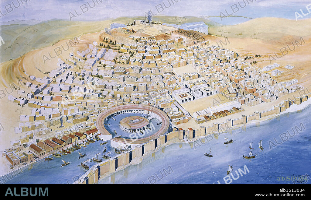Punic civilization. Reconstruction of Byrsa Hill, with the Punic city and Hannibal's circular harbour, late 4th-2nd century b.C. Fresco by architect J. M. Gassend.