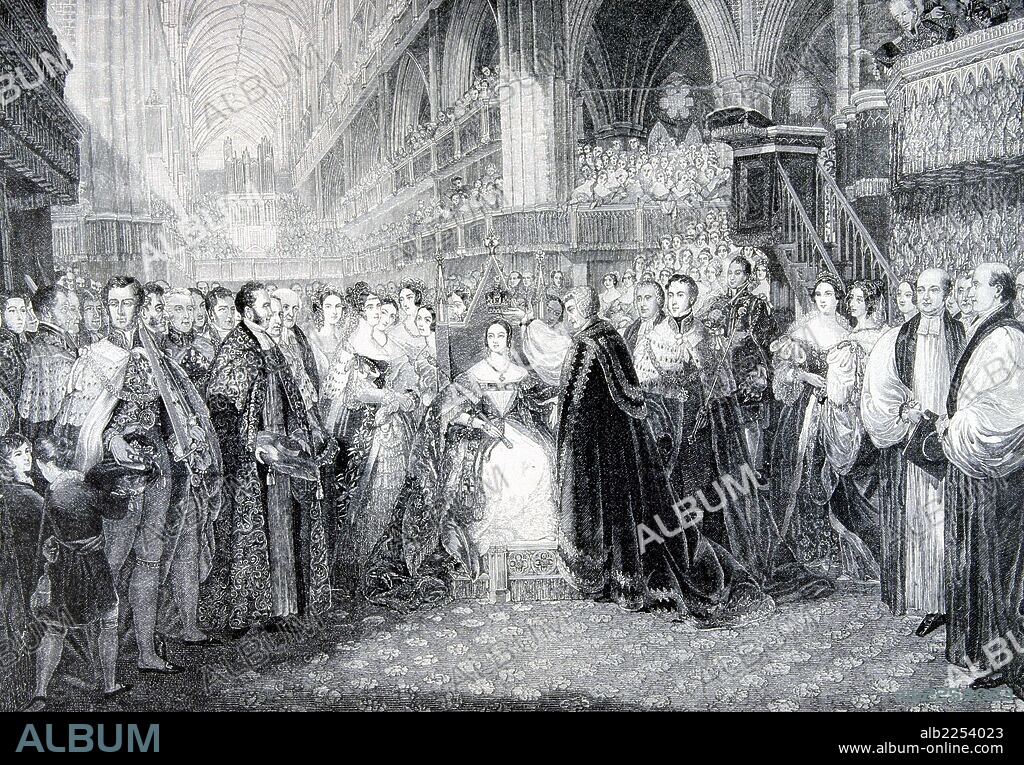 VICTORIA I. REINA DE GRAN BRETAÑA E IRLANDA. 1819-1901. " CORONACION DE LA REINA VICTORIA EN LA ABADIA DE WESTMINSTER ". GRABADO SACADO DE UN CUADRO DE PARRIS.