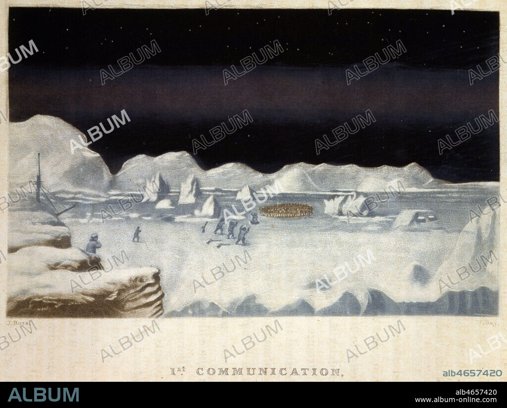 'Premiere communication' avec les esquimaux de Boothia Felix. Illustration tiree de l'ouvrage de John ROSS (1777-1856) 'Narrative of a 2nd voyage... North-East passage', publie en 1835 (19eme, XIXe, 19e s.). Ouvrage conserve aux Archives et Bibliotheque de la Marine, a Vincennes. Credit : collection JEAN VIGNE /Kharbine-Tapabor.