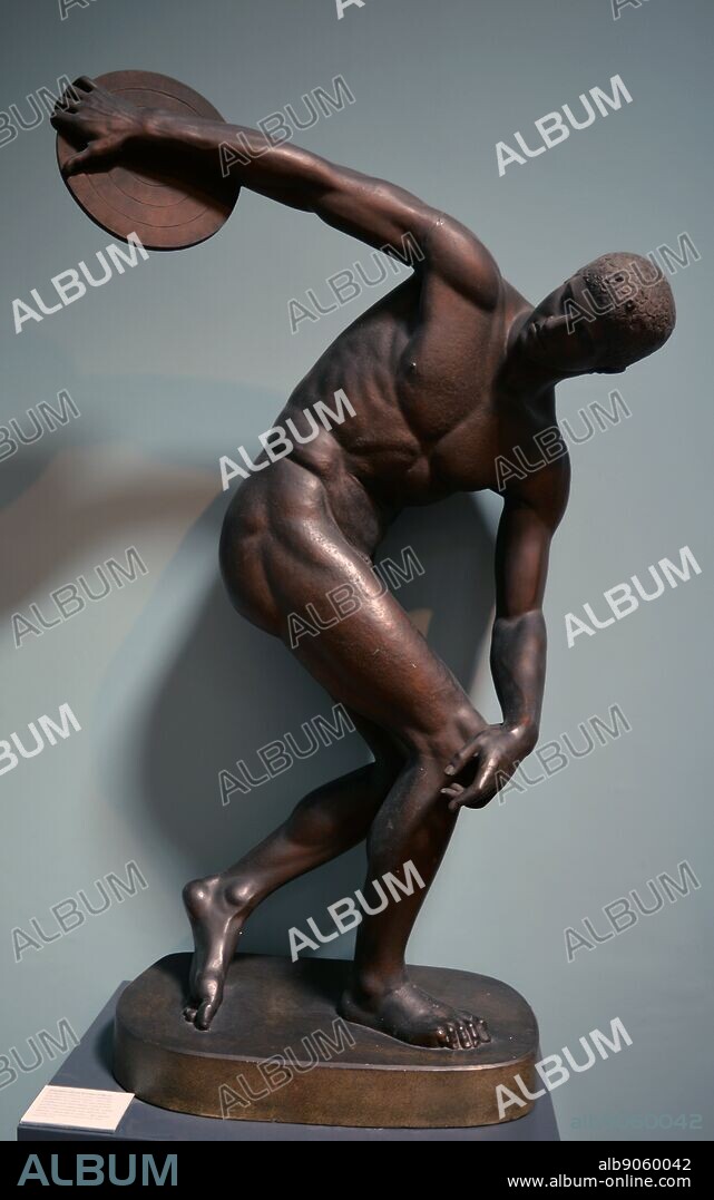 Diskobolos (discus-thrower) of Myron. An athlete is coiled up in a taut, momentary pose, about to throw the discus - one of the pentathlete's five events. The cast combines a headless statue from Hadrian's Villa and the head of a statue found in Rome. Copied closely from a lost bronze victor statue by the Athenian sculptor, Myron, active c 460-440 BC.