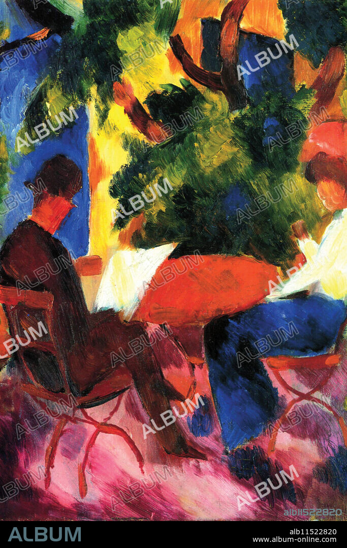 Couple at the garden table.  August Macke (3 January 1887 – 26 September 1914) was a German Expressionist painter. He was one of the leading members of the German Expressionist group Der Blaue Reiter (The Blue Rider). He lived during a particularly innovative time for German art: he saw the development of the main German Expressionist movements as well as the arrival of the successive avant-garde movements which were forming in the rest of Europe. Like a true artist of his time, Macke knew how to integrate into his painting the elements of the avant-garde which most interested him.
