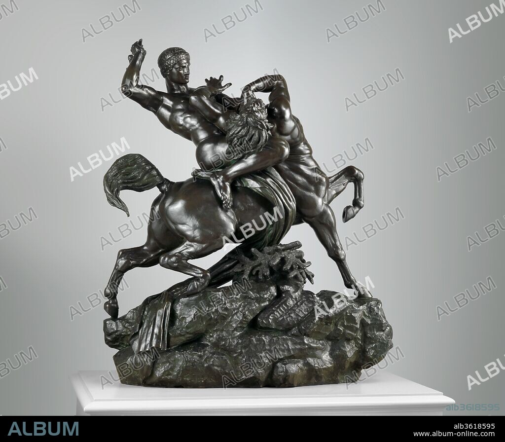 Theseus Fighting the Centaur Bianor. Artist: Antoine-Louis Barye (French, Paris 1796-1875 Paris). Culture: French, Paris. Dimensions: Overall (confirmed): H. 49 3/4 x W. 45 1/4 x D. 20 3/4 in. (126.4 x 114.9 x 52.7 cm). Date: modeled 1849, cast ca. 1867.
Barye's thorough grounding in classical prototypes is evident in this highly charged representation of an incident from the battle between the Lapiths and the Centaurs described in Book XII of Ovid's Metamorphoses. Bayre surely knew the series of metopes from the Parthenon depicting the Greek legend, but the death blow delivered by the Greek hero is recognizable as a borrowing from the marble Hercules and a Centaur by the Mannerist sculptor Giambologna in Florence.