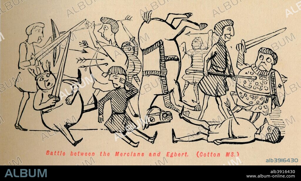 'Battle between the Mercians and Egbert', c1860, (c1860). The Battle of Ellandun or Battle of Wroughton was fought between Egbert of Wessex and Beornwulf of Mercia in September 825. From The Comic History of England, Volume I, by Gilbert A A'Beckett. [Bradbury, Agnew, & Co., London].