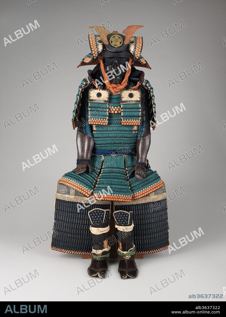 Armor (Gusoku) of the Maeda Family. Culture: Japanese. Dimensions: as mounted: H. 55 in. (139.7 cm); W. 29 in. (73.4 cm); D. 21 in. (53.3 cm); Wt. approx. 48 lb. (21.8 kg). Date: 18th century.
The armor is decorated in several places with the plum blossom <i>mon</i> (heraldic emblem) of the Maeda family, who were <i>daimyo</i> (feudal lords) of Kaga Province (the southern part of present-day Ishikawa Prefecture) and the second largest landowners in Japan after the Tokugawa family.